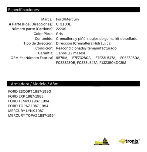 Caja De Dirección Hidraulica Mercury Topaz 1987 A 1994 (Reacondicionado)