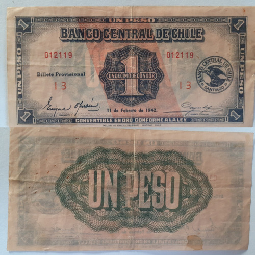 Un Décimo De Condor I-3  Chile11 /02/1942 Un Peso Chile 