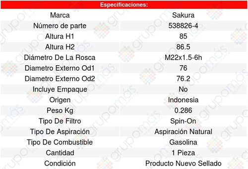 Filtro Aceite Chevrolet Ss V8 6.2l 14/14 Sakura 8639664