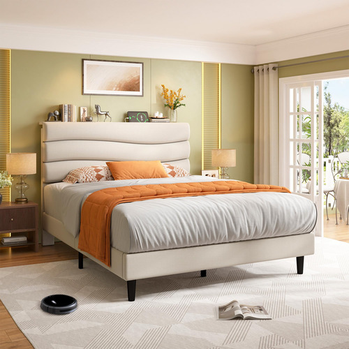Enhomee Base De Cama Individual Con Cabecera Tapizada De