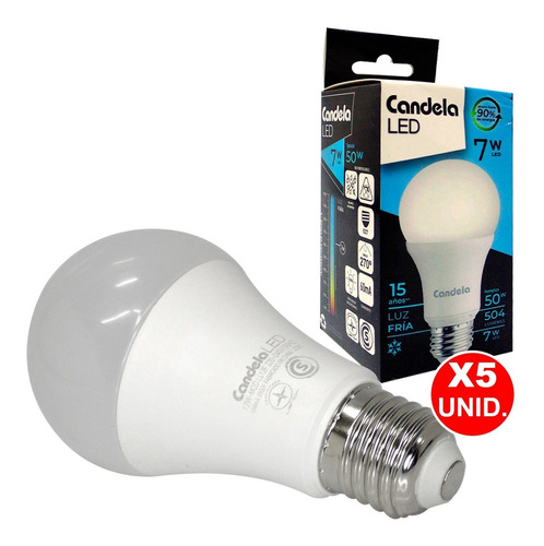 Lámpara Led 7w Candela Ll7f 50w Luz Fría Rosca E27 X 5 Unid.