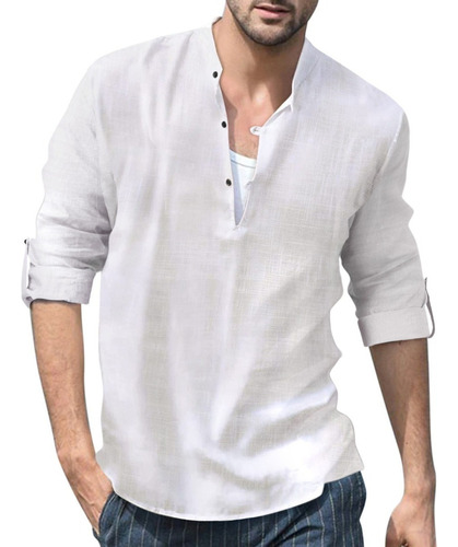 Playera Cuello Henley Manga Corta De Lino D/algodón P/hombre