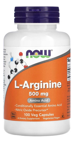 Now Foods L-arginina, 500 Mg, 100 Cáps Vegano Kosher Eeuu