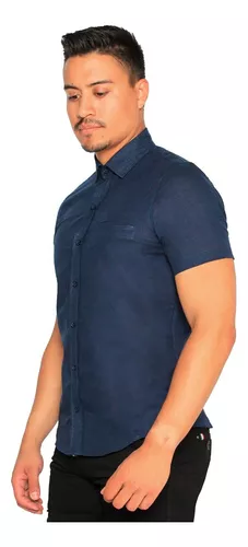 Camisa Slim Manga Corta Color Azul oscuro Para Hombre