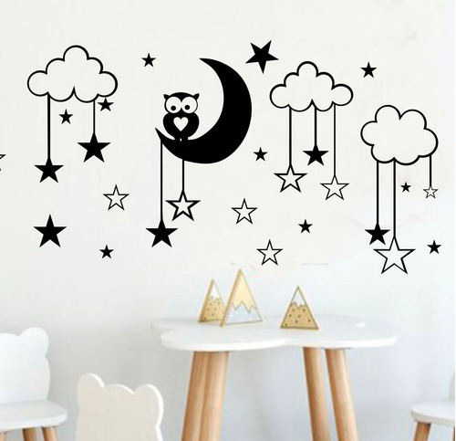Vinilos Decorativos Infantil Buho Con Luna Estrellas Y Nubes