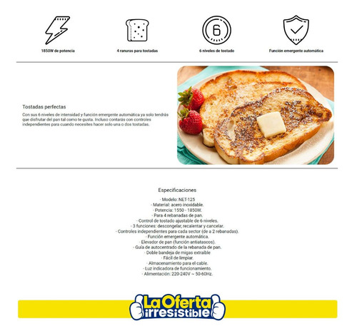 Tostadora Nappo Inox 1850w 4 Ranuras Extra Grandes Loi