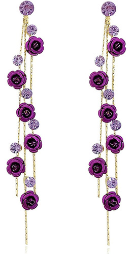 Y Cadena Borlas Largo Rojo Purpura Rosa Flor Cuelgan Aretes