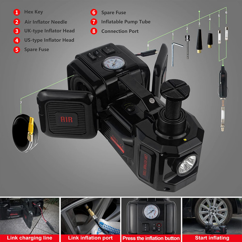 Gato Eléctrico Para Coche 5t 12v Con Inflador, Portátil