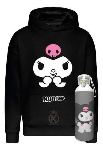 Poleron Kuromi + Botella En Aluminio 750ml - Familia Kitty - Conejita - Japonés - Serie - Edicion - Estampaking