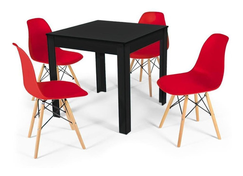 Mesa De Jantar Sofia Preta 80x80cm + 4 Cadeiras Eiffel Cor Vermelho