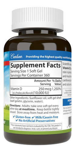 Carlson Vitamina D3 10000 Ui 360 Cápsulas Blandas