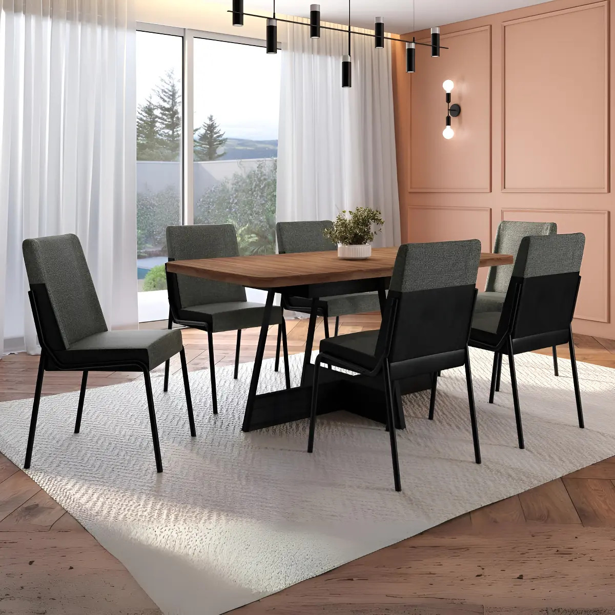 Conjunto Sala De Jantar 6 Cadeiras Boston Carraro Nogal e Preto