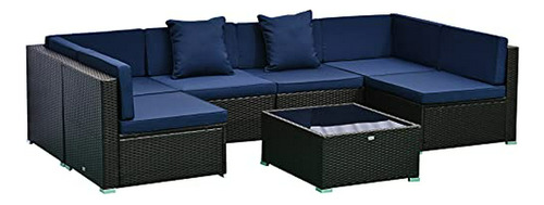 Set Muebles Terraza 7 Piezas Rattan Sintético Azul Oscuro