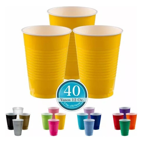 40 Vasos Colores 12oz Fiesta Desechables Elegantes Plásticos