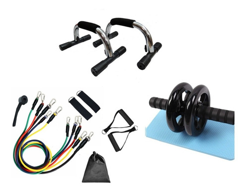 5 Ligas Resistencia + Rueda Abdominal + Barra Push Up Stand