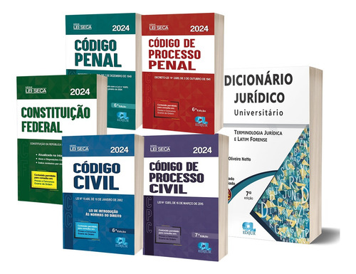 Box Livros Constituição Federal + Código Civil + Código De Processo Civil + Código Penal + Código De Processo Penal + Dicionário Jurídico Universitário Lei Seca Índice Remissivo Por Assunto Compacto