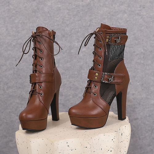 Botas De Malla Con Cordones Para Mujer, Tacones De Plataform