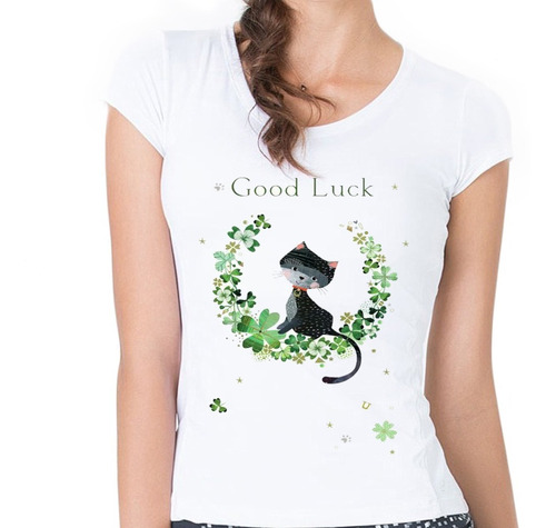 Remera Gato Good Luck Trébol Mujer