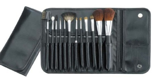 Set 12 Brochas De Maquillaje + Estuche Cuero Negro Cala