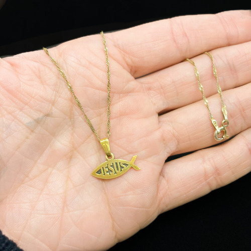 Cadena Y Dije Pez Ichthus Jesús Cristianismo Oro 18k Amarillo 55 Cm