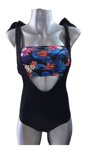 Lindo Traje De Baño Completo Negro Con Top Floral Vintage