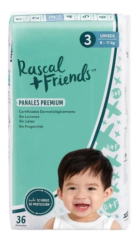 Pañales Pañales Rascal + Friends Premium Etapa 3, 36 unidades unisex 6 - 11 kilos