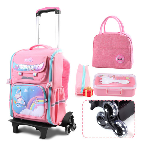 Nuhexry school bag Mochila De Carrito Sobre Rodillo Con Lonchera Y Kit De Comida Para Estudiantes Primaria 3 A 12años impermeable mochila Con Ruedas Para Niñas 25ml Rosa