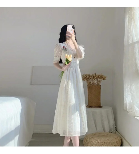 Vestido Midi De Encaje Floral Para Mujer Con Cuello Cuadrado