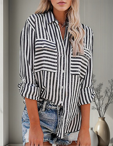 Blusa Para Mujer, Estampado A Rayas, Manga Larga, Talla S