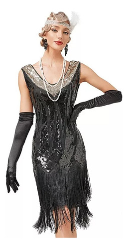 Vintage Gatsby Cocktail Ball Vestido Con Flecos Lentejuelas