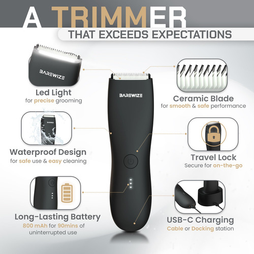 Body Hair & Pubic Hair Trimmer Barewize Waterproof Usb-c