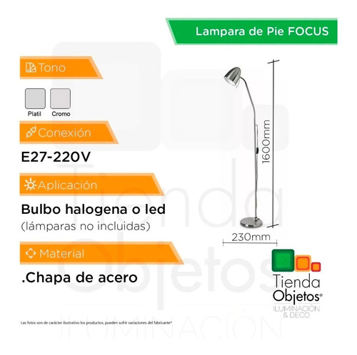 Imagen 2 de 7 de Lampara Pie Diseño Living Focus Cromada Flexible E27 Dabor