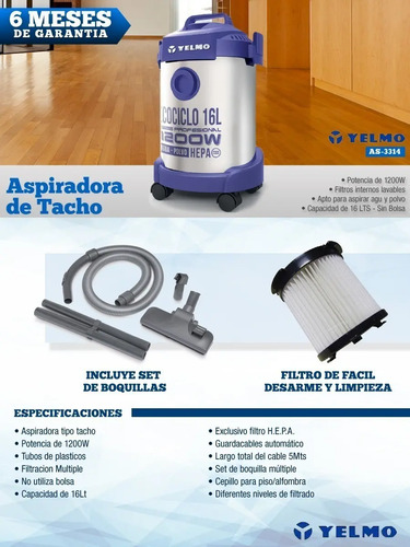 Aspiradora Yelmo Ecociclo Pro As-3314 16l | Cuotas sin interés