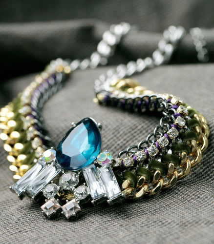 V Collar Gota Cristal Azul Eslabon Tejido Evento Social