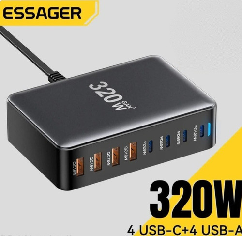 Carregador Rapido Essager 4usb + 4usb-c Tipo C Turbo 320w Preto