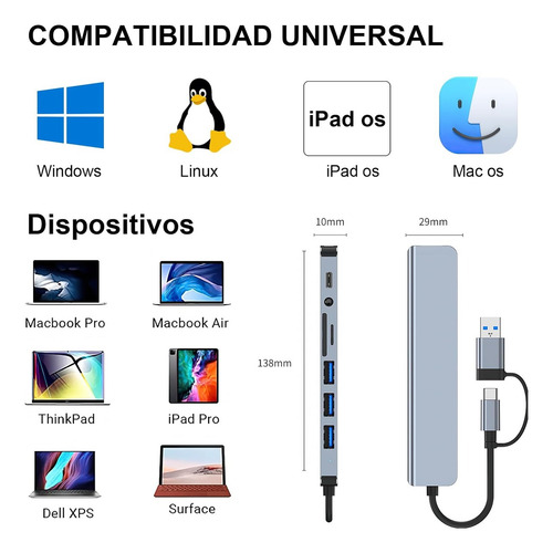 Adaptador Usb C Hub Tipo C, 8 En 1, Multipuerto, Usb 3.0, Sd