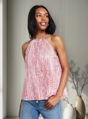 Michael Kors Blusa Halter Cebra Rosa Top Cuello De Cadena