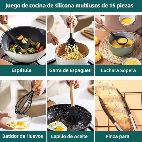 Utensilios Silicona De Cocina Premium Espatula Brocha 12 Set Negro