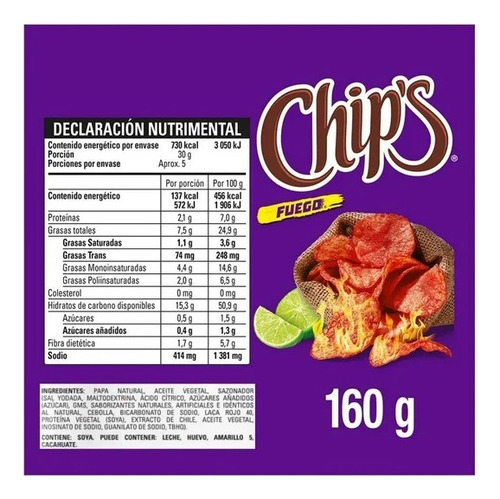 4 Pzas Papas Fritas Barcel Chip's Fuego Sabor Chile Y Limón