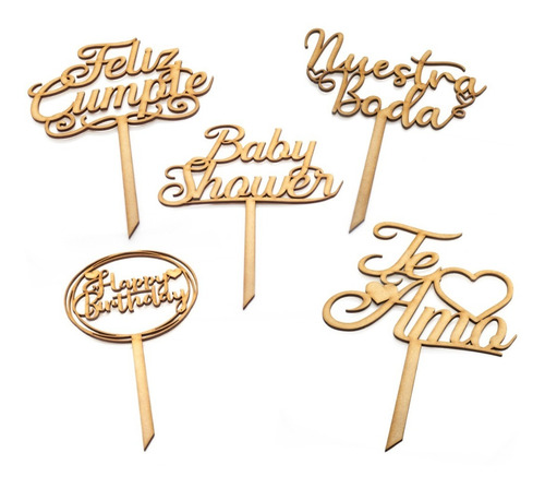 Imagen 1 de 9 de 100 Letreros Pastel Cake Topper Variedad Fiesta - Mdf 3mm