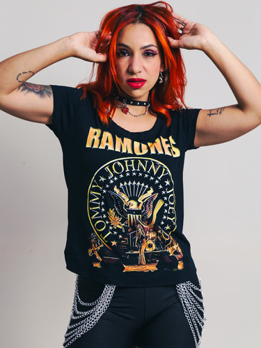 Camiseta Feminina Banda Ramones Manga Curta Rock And Roll