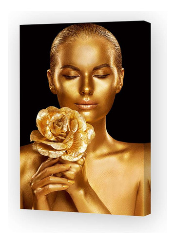 Cuadro 20x30cm Mujer Oro Con Flor En La Mano Maquillaje