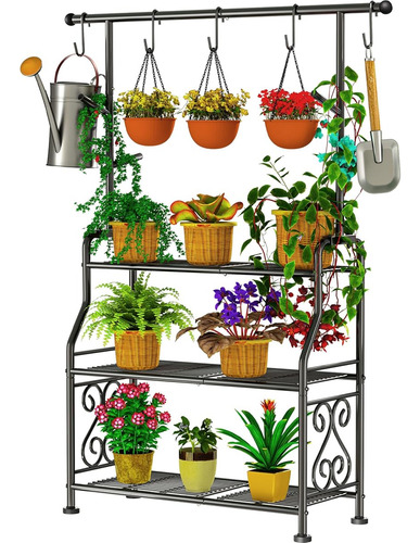 Mueble Macetero De 3 Niveles Con 5 Ganchos Para Plantas