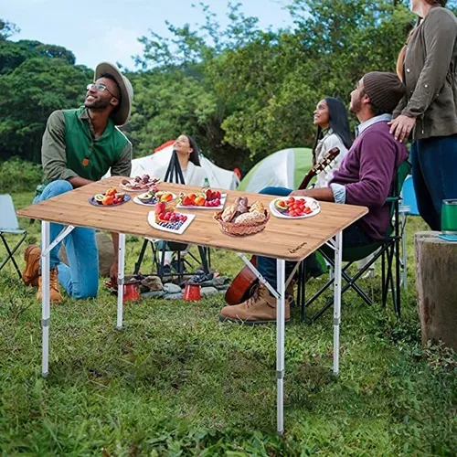 KingCamp Mesa de camping plegable Mesa de picnic portátil Mesa de bambú con  altura ajustable patas de aluminio para campamento al aire libre Picnic