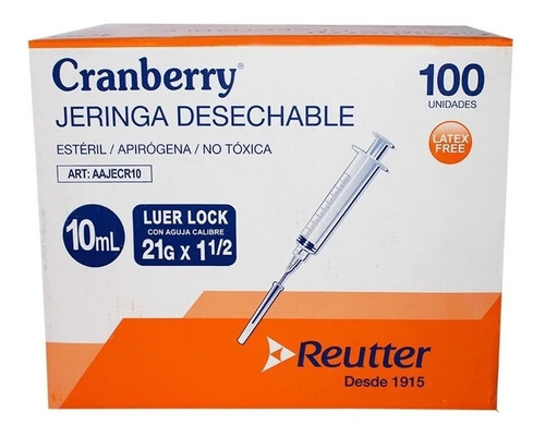 Jeringa Desechable Luer Lock 10cc 21g X 1 1/2 Caja 100 Unid