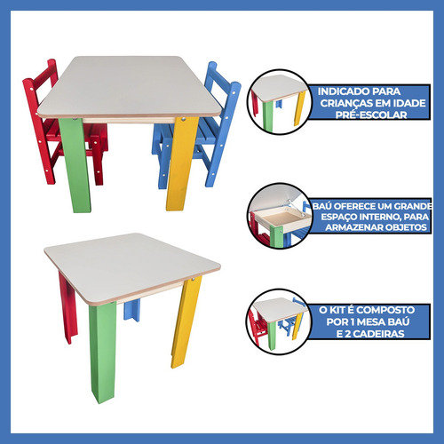 Conjunto Mesa Baú Infantil Madeira Duas Cadeiras Camaleão
