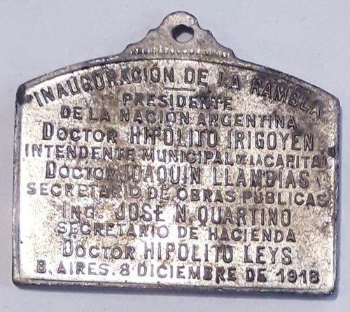 Medalla 1918 Inauguración Rambla Capital Buenos Aires 