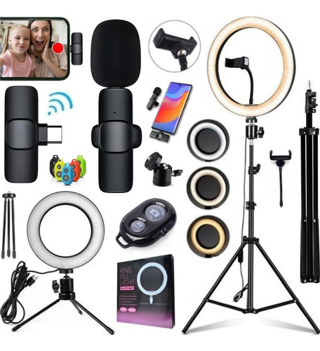 Kit Gravação Profissional Tripé Ring Light Microfone Sem Fio