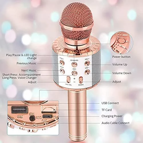  Micrófono de karaoke inalámbrico para niños con cambiador de  voz, 5 en 1, Bluetooth, con luces LED, parlante y grabadora portátil, para  fiestas en casa y cumpleaños : Instrumentos Musicales