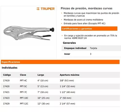 17429 / PPT-12C TRUPER Pinza de presión 12' mordaza curva, Truper